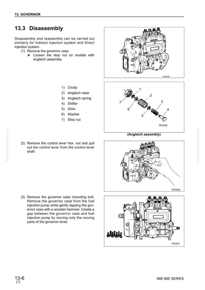 May include: Diagram of a governor disassembly procedure, with detailed illustrations of components like the angleich assembly, circlip, and stop nut. Text instructions accompany the images, guiding the user through the process.