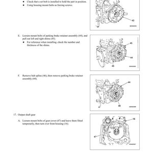 May include: Diagram of transmission disassembly and assembly instructions. The image shows detailed illustrations of various components, including screws, housings, and gears, with numbered labels for each part. Text instructions accompany the diagrams.