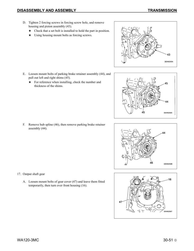 May include: Diagram of transmission disassembly and assembly instructions. The image shows detailed illustrations of various components, including screws, housings, and gears, with numbered labels for each part. Text instructions accompany the diagrams.