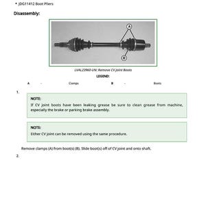 May include: Diagram of a front axle half shaft with CV joint boots. The image includes labels for clamps and boots, and instructions for disassembly. Text reads "Repair CV Joint and Boots - Front Axle Half Shafts."