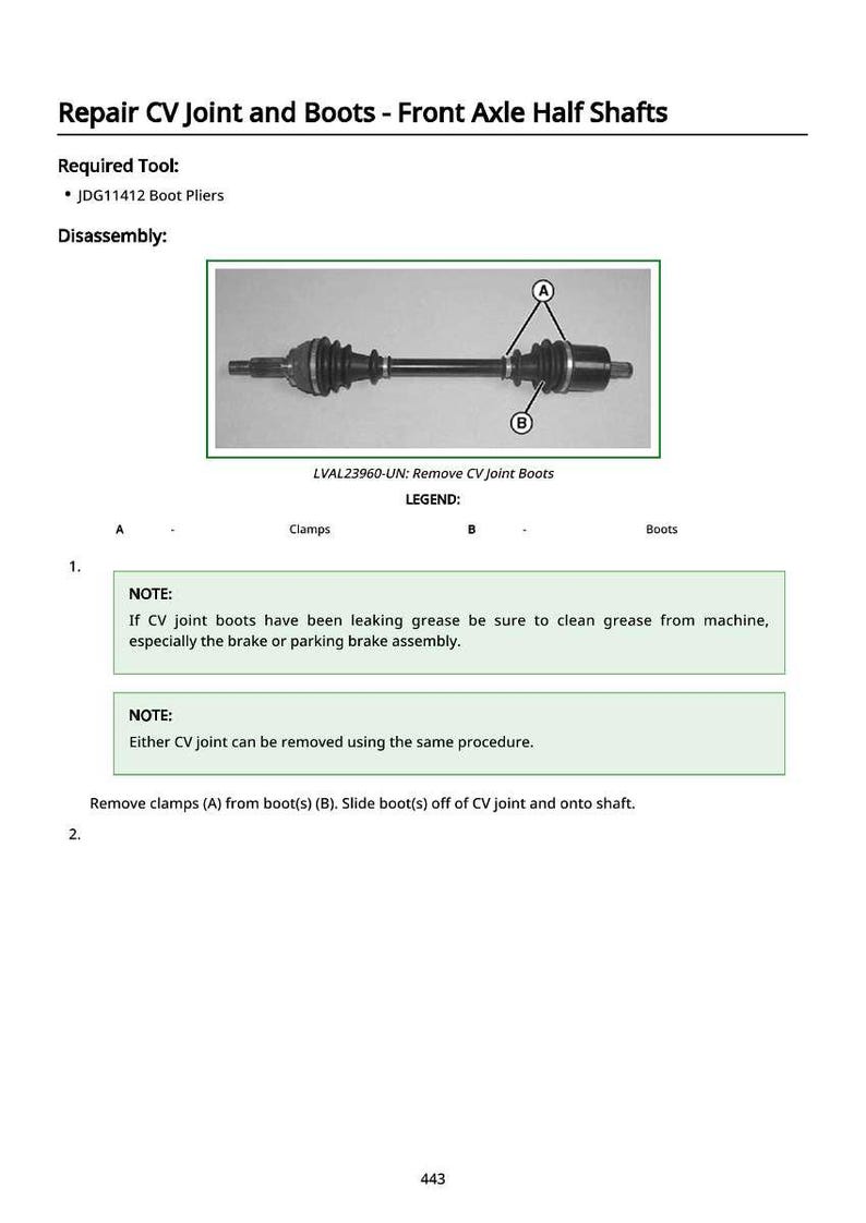 May include: Diagram of a front axle half shaft with CV joint boots. The image includes labels for clamps and boots, and instructions for disassembly. Text reads "Repair CV Joint and Boots - Front Axle Half Shafts."