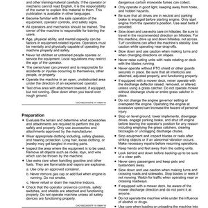 May include: A page from a safety manual, titled "Safety", detailing operator training and safe operating procedures. The text provides instructions and warnings about equipment use and safety measures.
