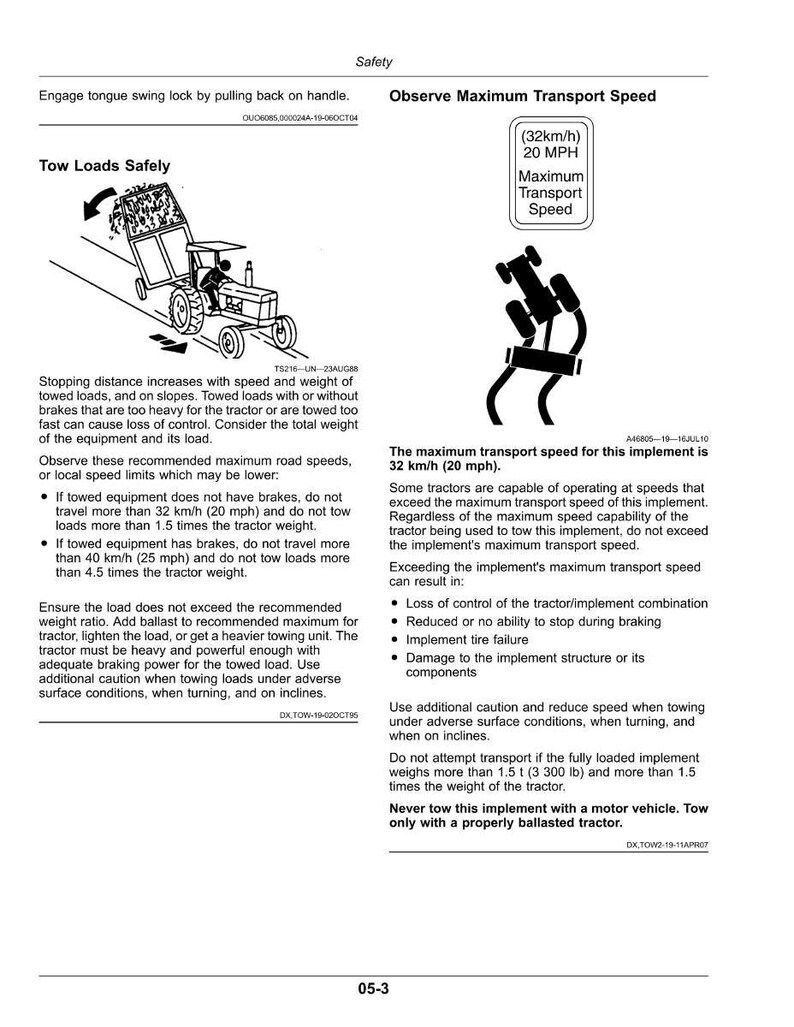May include: A safety manual page with diagrams and text about towing loads safely. It features illustrations of a tractor towing equipment, and a graphic indicating a maximum transport speed of 32 km/h (20 MPH). The text provides safety guidelines and warnings.