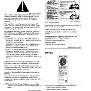 May include: A machine safety manual page titled "Safety Labels with Text." It features safety warnings, instructions, and diagrams. The text is in English and Spanish, with a caution symbol.