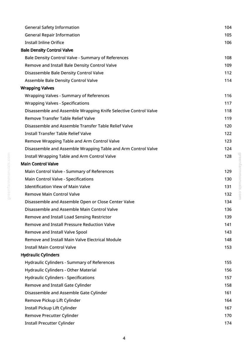 May include: A page from a manual with a table of contents. The text includes sections on valves, cylinders, and safety information. Page numbers are listed on the right side of the page.