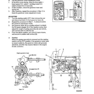 May include: Diagram with text explaining governor motor lever stroke testing and adjustment. It features illustrations of engine parts, labelled with numbers and arrows, and a digital display.