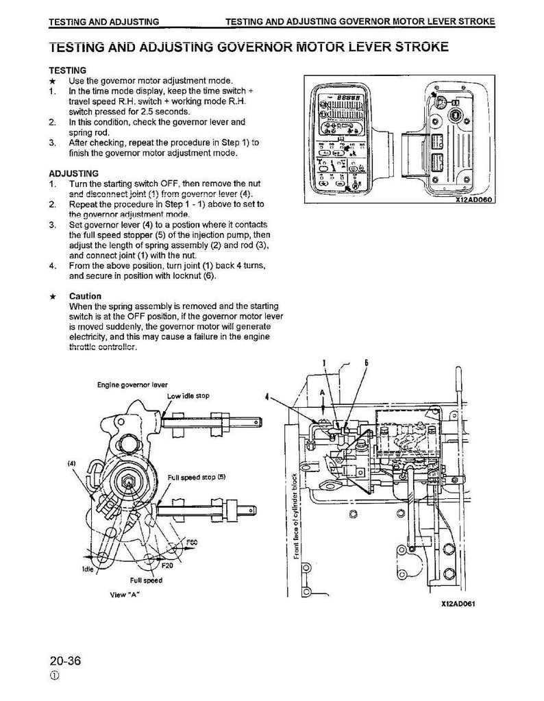 May include: Diagram with text explaining governor motor lever stroke testing and adjustment. It features illustrations of engine parts, labelled with numbers and arrows, and a digital display.