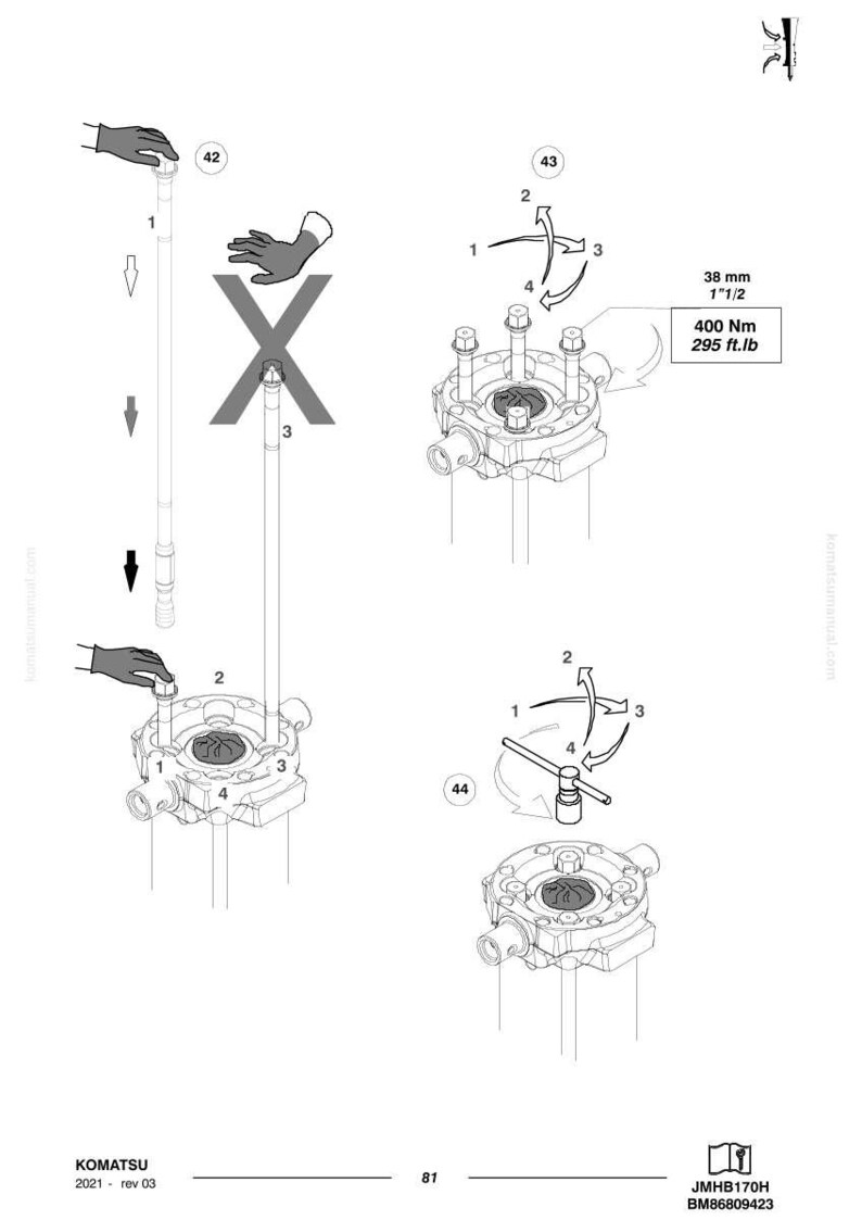 May include: Diagram of mechanical components with arrows indicating assembly steps. Includes measurements of 38 mm (1 1/2 inches) and torque specifications of 400 Nm (295 ft.lb). The image also contains the Komatsu logo and model information.
