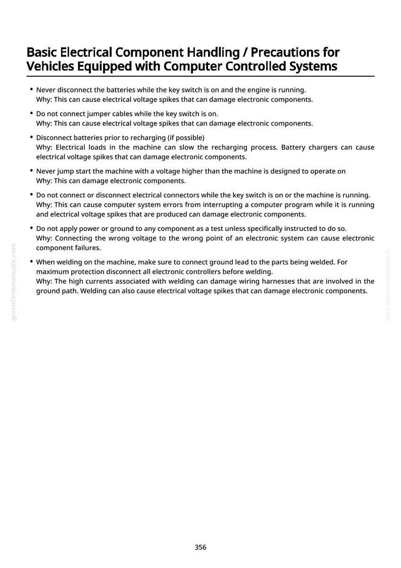 May include: A white page with black text detailing precautions for handling electrical components in vehicles with computer-controlled systems. The text includes bullet points with safety advice and explanations.