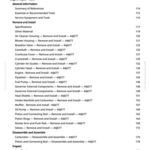 May include: A page from a manual with a table of contents for engine repair. The text includes sections on removing and installing engine components, with page numbers. The manual is for the X330 engine.
