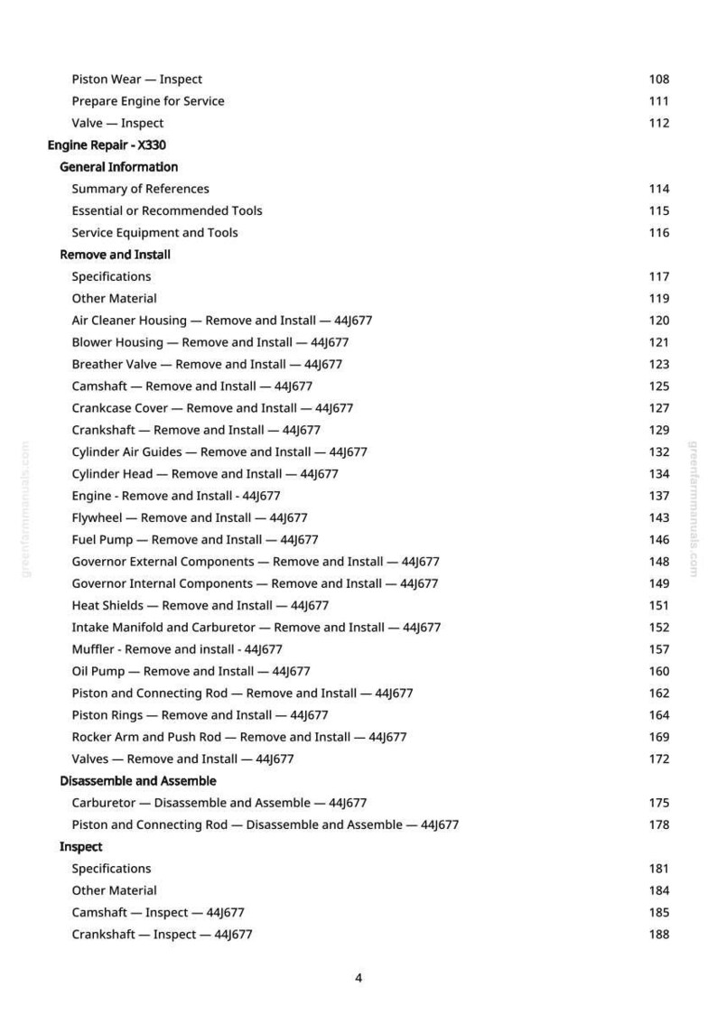 May include: A page from a manual with a table of contents for engine repair. The text includes sections on removing and installing engine components, with page numbers. The manual is for the X330 engine.