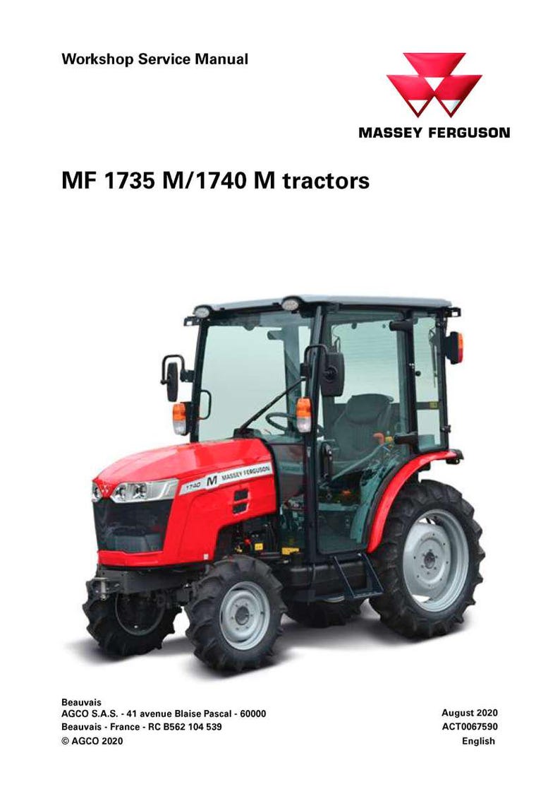 May include: A red Massey Ferguson MF 1735 M/1740 M tractor with black tires and a glass cabin. The image includes the Massey Ferguson logo and text that reads "Workshop Service Manual".