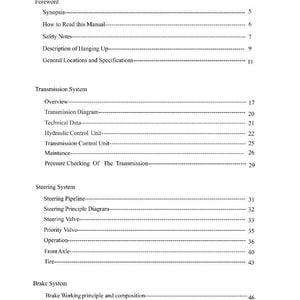 May include: A white printed service manual with a table of contents. The manual includes sections on the transmission, steering, and brake systems. The text is black and the document is on a white background.