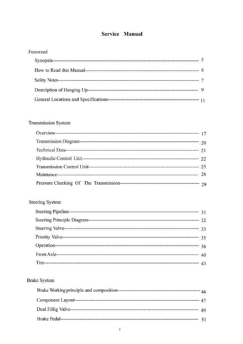 May include: A white printed service manual with a table of contents. The manual includes sections on the transmission, steering, and brake systems. The text is black and the document is on a white background.