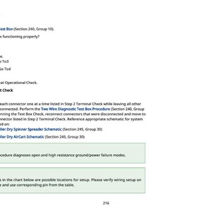 May include: A page from a technical manual with text detailing diagnostic procedures for a test box. The text includes instructions for electrical circuit checks, with notes on failure modes and setup locations. The page number is 216.