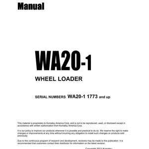 K&ouml;nnte beinhalten: Ein wei&szlig;es Shop-Manual-Cover mit schwarzem Text. Der Titel "Shop Manual" steht oben, gefolgt von "WA20-1 WHEEL LOADER". Seriennummern sind unten aufgef&uuml;hrt. Das Copyright der Komatsu America Corp. ist sichtbar.