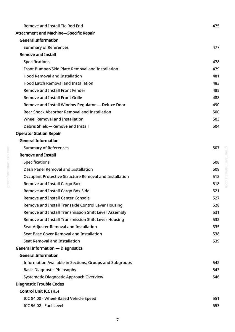 May include: A manual page detailing automotive repair procedures. The text lists tasks such as removing and installing components like the front bumper, window regulator, and cargo box. Page number 7.