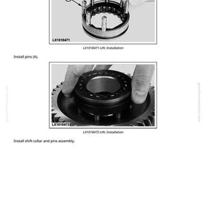 May include: Two grayscale images detailing mechanical assembly. The first shows pins being installed into a circular part. The second image shows the installation of a shift collar and pins assembly. Text includes "Install pins (A)" and "Install shift collar and pins assembly."