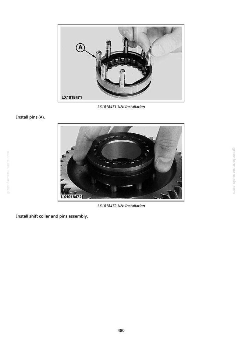 May include: Two grayscale images detailing mechanical assembly. The first shows pins being installed into a circular part. The second image shows the installation of a shift collar and pins assembly. Text includes "Install pins (A)" and "Install shift collar and pins assembly."