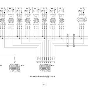 May include: A detailed black and white electrical schematic diagram labeled "TX1147154-UN: Sensor Supply 1 Circuit." The diagram includes various connectors, switches, and wiring, with text labels and numerical references. The number 429 is at the bottom.