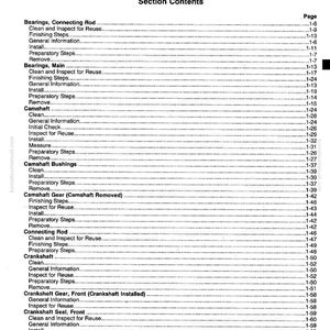 May include: A detailed table of contents from a manual, titled "Section 1 - Cylinder Block - Group 01." The text is black on a white background, listing various engine components and procedures with corresponding page numbers.