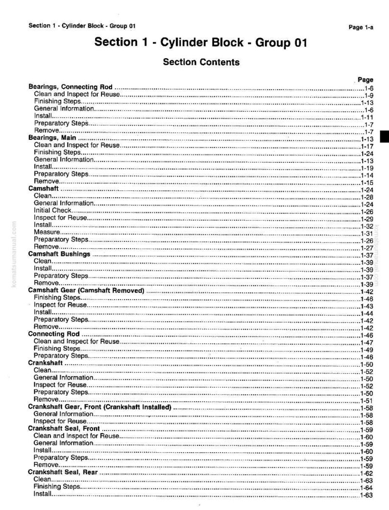 May include: A detailed table of contents from a manual, titled "Section 1 - Cylinder Block - Group 01." The text is black on a white background, listing various engine components and procedures with corresponding page numbers.