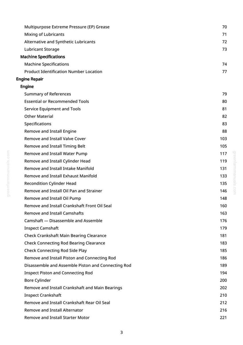 May include: A page from a manual with a table of contents for engine repair. The headings include "Machine Specifications," "Engine Repair," and various engine component removal and installation procedures. The page numbers are on the right.