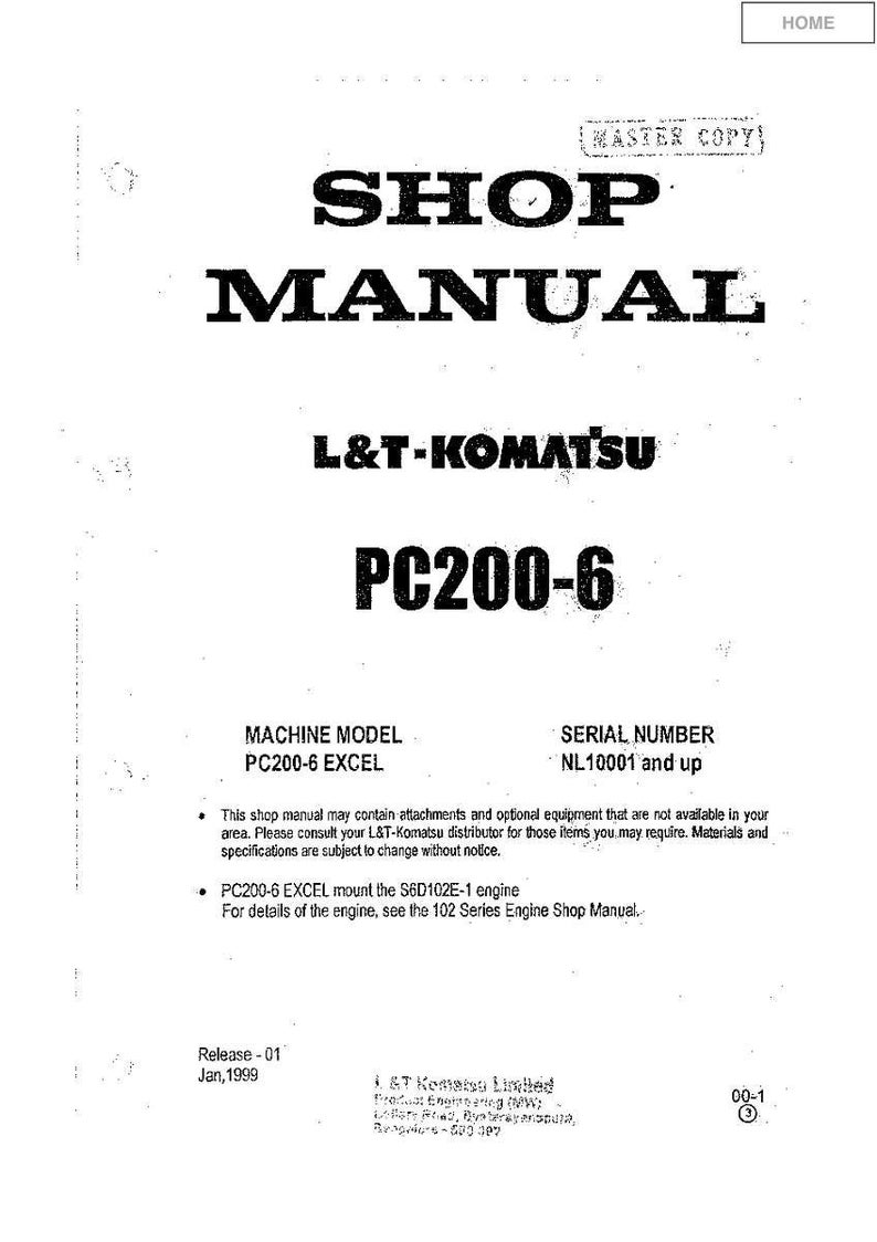 May include: A white shop manual for the L&T-Komatsu PC200-6, with the text "SHOP MANUAL" in large, bold, black letters. The manual includes the machine model PC200-6 EXCEL and serial number NL10001 and up.