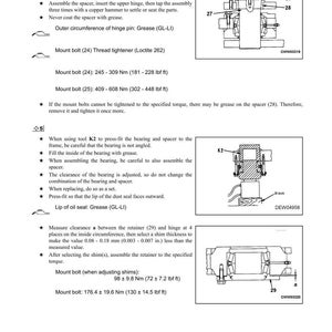 May include: Diagram showing disassembly and assembly instructions for a center hinge pin. Includes diagrams, torque specifications in Nm and lbf ft, and instructions for mounting bolts and grease application.