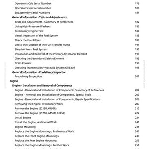 Może przedstawiać: Szczeg&oacute;łowy spis treści z instrukcji, zawierający r&oacute;żne procedury związane z silnikiem i kontrole systemu. Tekst jest czarny na białym tle, z numerami stron po prawej stronie. Dokument obejmuje tematy takie jak demontaż i montaż silnika.