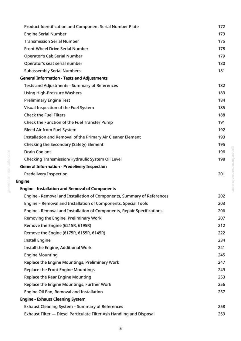 Może przedstawiać: Szczeg&oacute;łowy spis treści z instrukcji, zawierający r&oacute;żne procedury związane z silnikiem i kontrole systemu. Tekst jest czarny na białym tle, z numerami stron po prawej stronie. Dokument obejmuje tematy takie jak demontaż i montaż silnika.