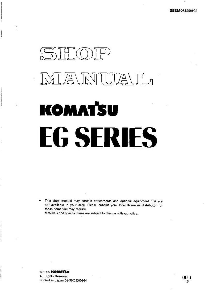 May include: A white shop manual with the text "SHOP MANUAL" in a bold, outlined font. Below, the text "KOMATSU EG SERIES" is prominently displayed. The manual includes a copyright notice and other details.