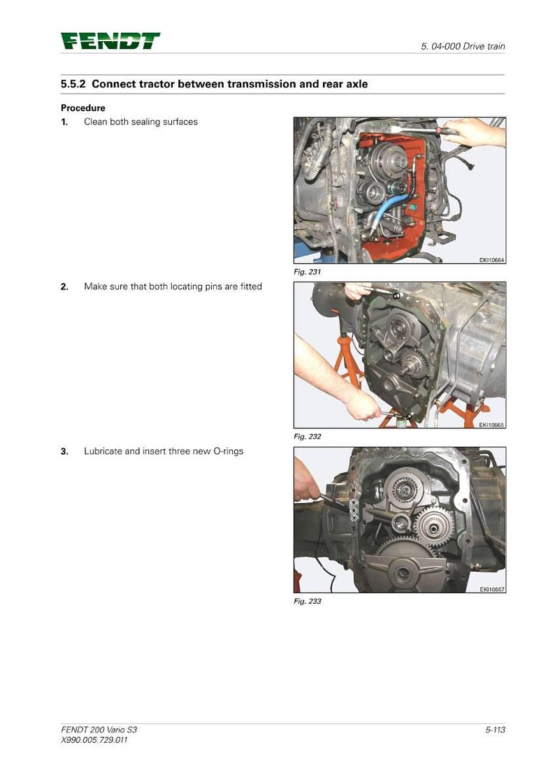 Puede incluir: P&aacute;gina de manual t&eacute;cnico con el logotipo de Fendt, que detalla c&oacute;mo conectar un tractor entre la transmisi&oacute;n y el eje trasero. Incluye diagramas e instrucciones para limpiar, colocar pasadores e insertar juntas t&oacute;ricas.
