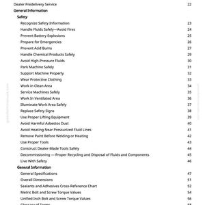 May include: A printed page titled "Table of Contents" from a manual. The table lists safety topics like handling fluids, preventing explosions, and avoiding asbestos. The document includes page numbers.