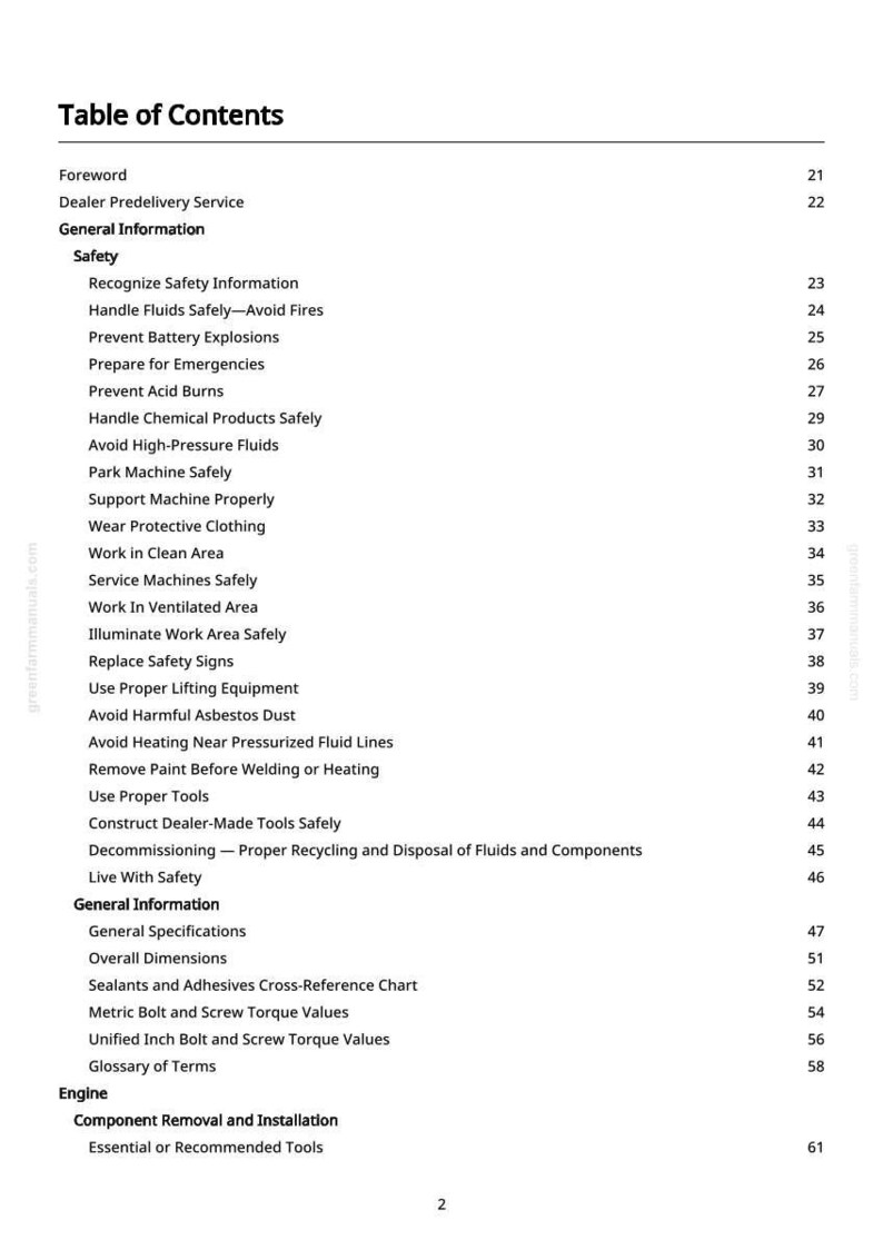 May include: A printed page titled "Table of Contents" from a manual. The table lists safety topics like handling fluids, preventing explosions, and avoiding asbestos. The document includes page numbers.