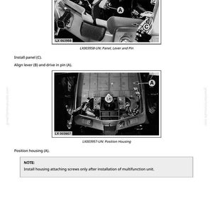 May include: Diagrams showing automotive component installation. The image includes close-ups of panels, levers, and pins, with labels A, B, and C. Text instructions detail the installation process, including aligning levers and positioning housings.