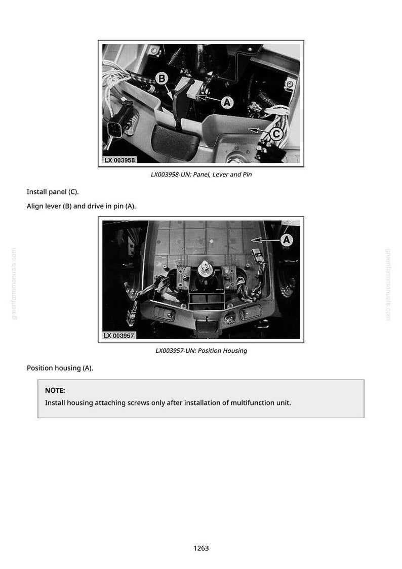 May include: Diagrams showing automotive component installation. The image includes close-ups of panels, levers, and pins, with labels A, B, and C. Text instructions detail the installation process, including aligning levers and positioning housings.