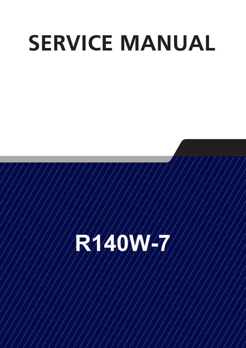 May include: A service manual with the text "SERVICE MANUAL" in black at the top. The bottom portion has a dark blue diagonal striped pattern with the text "R140W-7" in white.