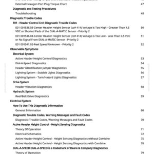 May include: A detailed table of contents from a manual, listing diagnostic and testing procedures, trouble codes, and electrical system information. The text is black on a white background, with page numbers on the right.