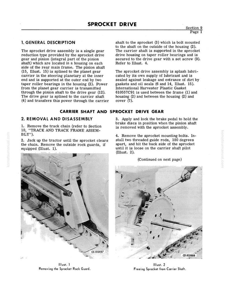 Puede incluir: Un diagrama t&eacute;cnico de un manual, titulado "SPROCKET DRIVE", detalla la extracci&oacute;n y el desmontaje de un engranaje de transmisi&oacute;n de rueda dentada. La imagen incluye ilustraciones del proceso, con texto que describe cada paso. El diagrama es en blanco y negro.