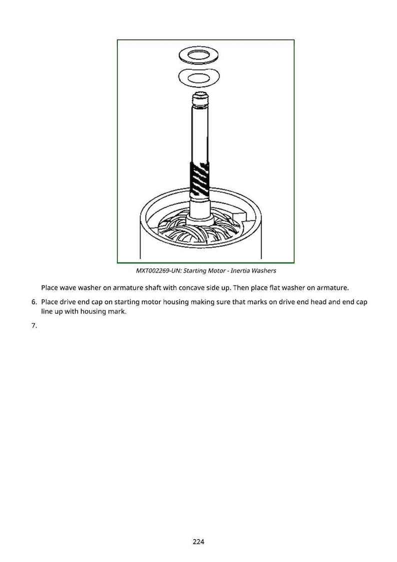 May include: Line drawing of a starting motor assembly. The image shows a cylindrical housing with internal components, a central shaft, and washers. The text "MXT002269-UN: Starting Motor - Inertia Washers" is included.