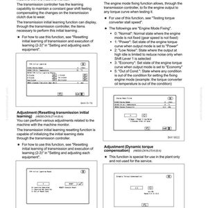K&ouml;nnte beinhalten: Seite eines technischen Handbuchs mit Diagrammen und Text, die Maschineneinstellungen detailliert beschreiben. Abschnitte umfassen das anf&auml;ngliche Lernen der Getriebe, die Motorfixierung und den dynamischen Drehmomentausgleich. Komatsu Handbuch.