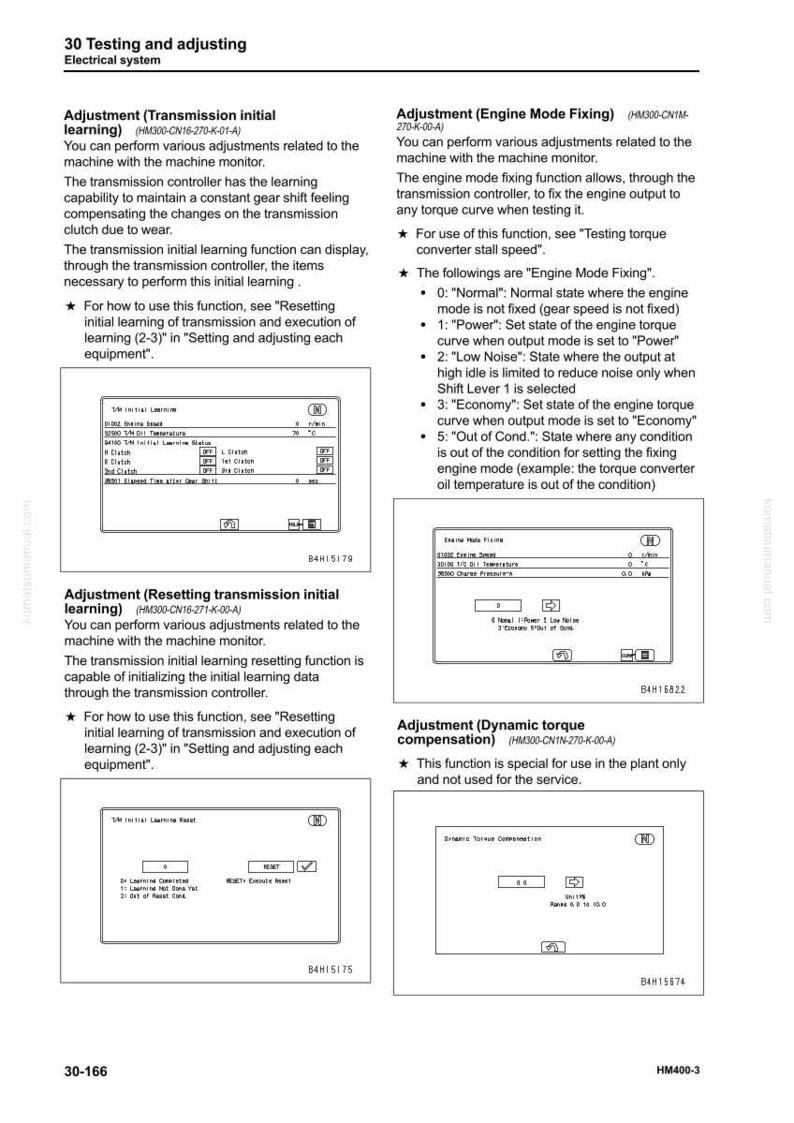 K&ouml;nnte beinhalten: Seite eines technischen Handbuchs mit Diagrammen und Text, die Maschineneinstellungen detailliert beschreiben. Abschnitte umfassen das anf&auml;ngliche Lernen der Getriebe, die Motorfixierung und den dynamischen Drehmomentausgleich. Komatsu Handbuch.