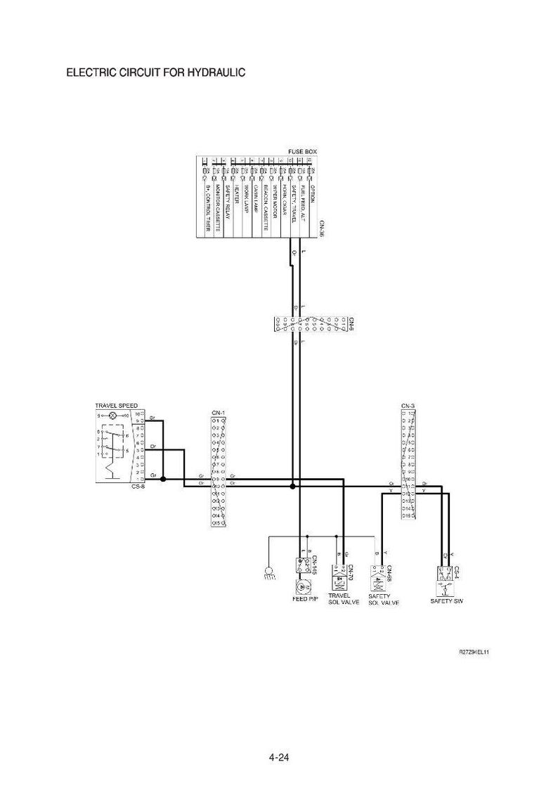 Puede incluir: Diagrama de un circuito el&eacute;ctrico para sistemas hidr&aacute;ulicos. El diagrama incluye una caja de fusibles, varios rel&eacute;s y componentes etiquetados como "Travel Speed", "Feed PP" y "Safety Sol Valve". El texto "Electric Circuit for Hydraulic" est&aacute; en la parte superior.