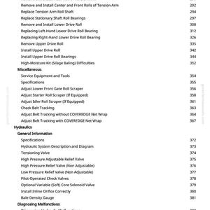 May include: A page from a manual with a list of instructions and specifications for agricultural equipment. The text includes terms like "Gate Roll," "Drive Roll," and "Hydraulics," with corresponding page numbers.