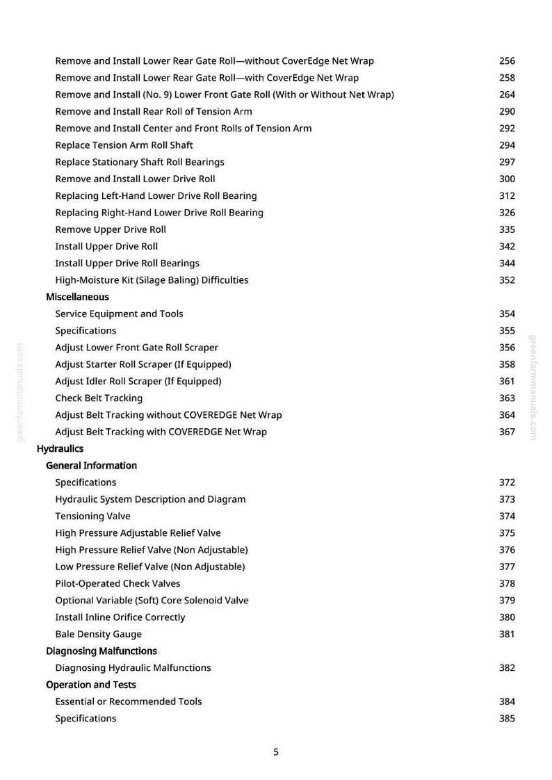 May include: A page from a manual with a list of instructions and specifications for agricultural equipment. The text includes terms like "Gate Roll," "Drive Roll," and "Hydraulics," with corresponding page numbers.