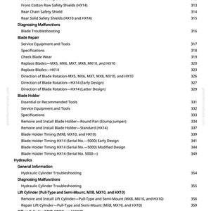May include: A detailed table of contents from a manual, featuring sections on flat blades, blade repair, and hydraulics. The text includes specific instructions for blade replacement and troubleshooting, with page numbers.