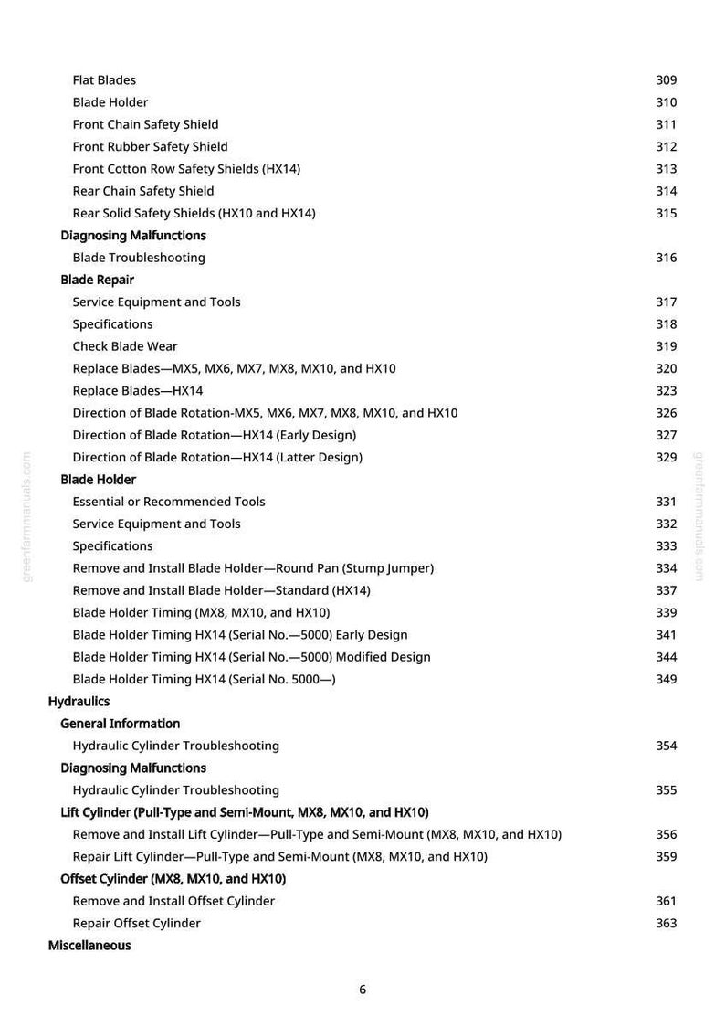 May include: A detailed table of contents from a manual, featuring sections on flat blades, blade repair, and hydraulics. The text includes specific instructions for blade replacement and troubleshooting, with page numbers.