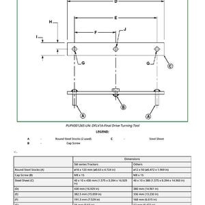 May include: Technical diagram of a DFLV1A-Final Drive Turning Tool, with dimensions in both inches and millimeters. The drawing details components such as round steel stocks and cap screws. The tool is designed for 5M series tractors and other uses.