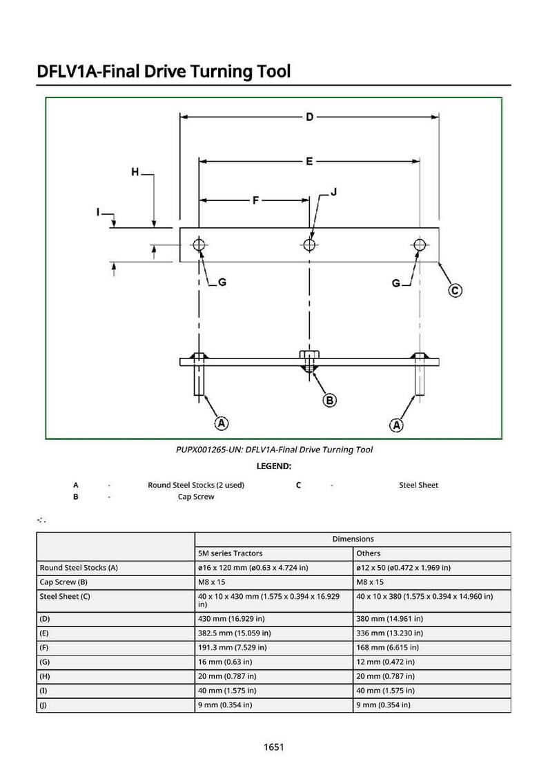 May include: Technical diagram of a DFLV1A-Final Drive Turning Tool, with dimensions in both inches and millimeters. The drawing details components such as round steel stocks and cap screws. The tool is designed for 5M series tractors and other uses.